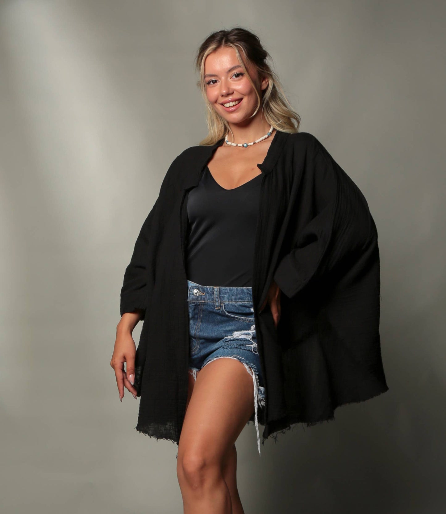 Double Layer Black Muslin Cardigan