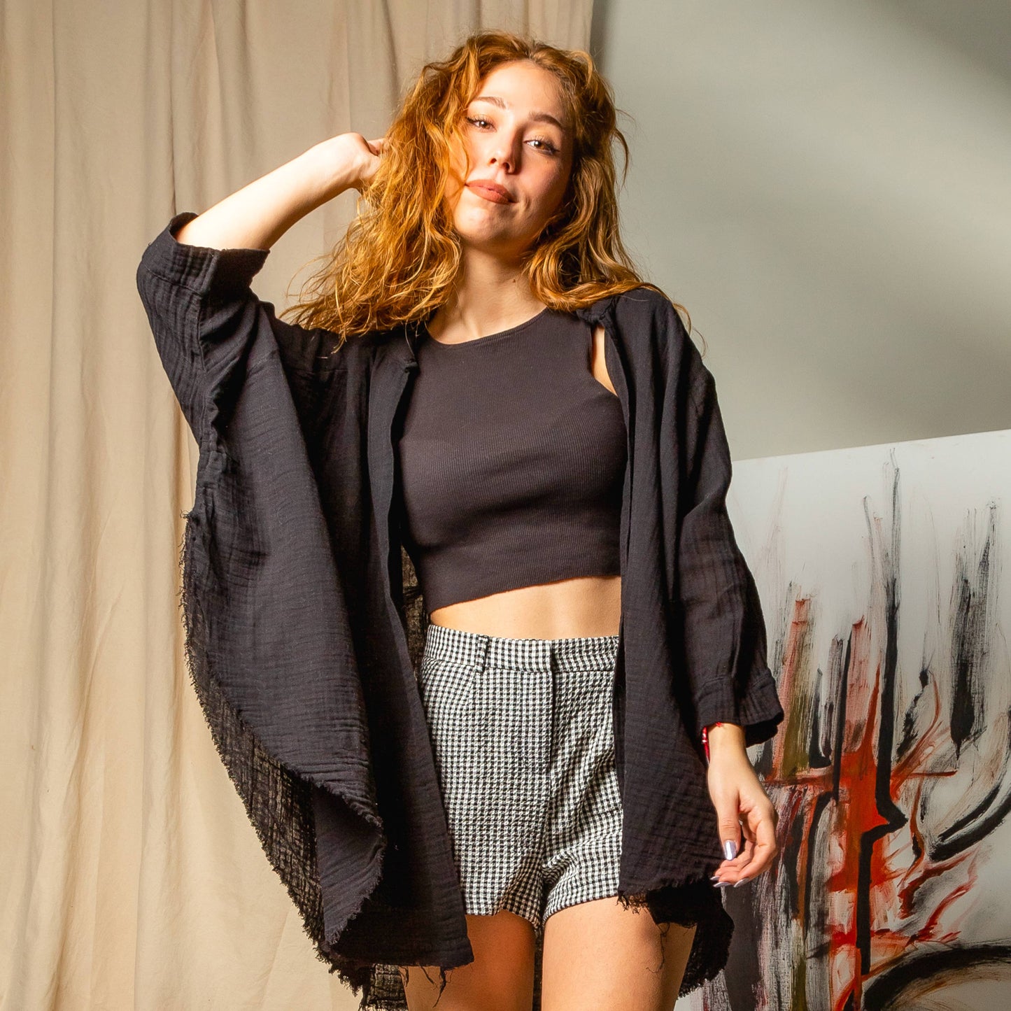 Double Layer Black Muslin Cardigan