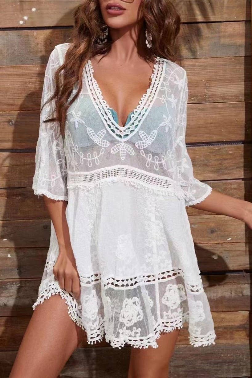 PLUNGE CROCHET LACE BEACH BIKINI COVER UP DRESS