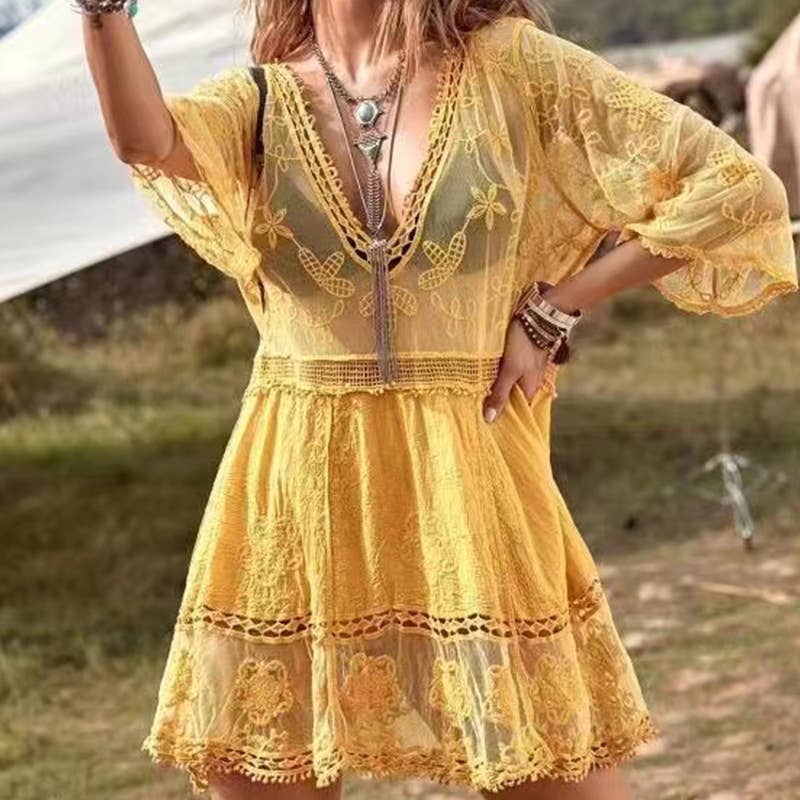 PLUNGE CROCHET LACE BEACH BIKINI COVER UP DRESS