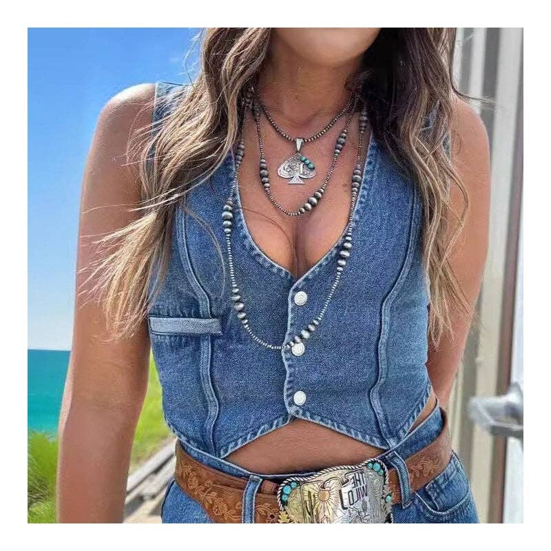 SLEEVELESS V-NECK DENIM VEST