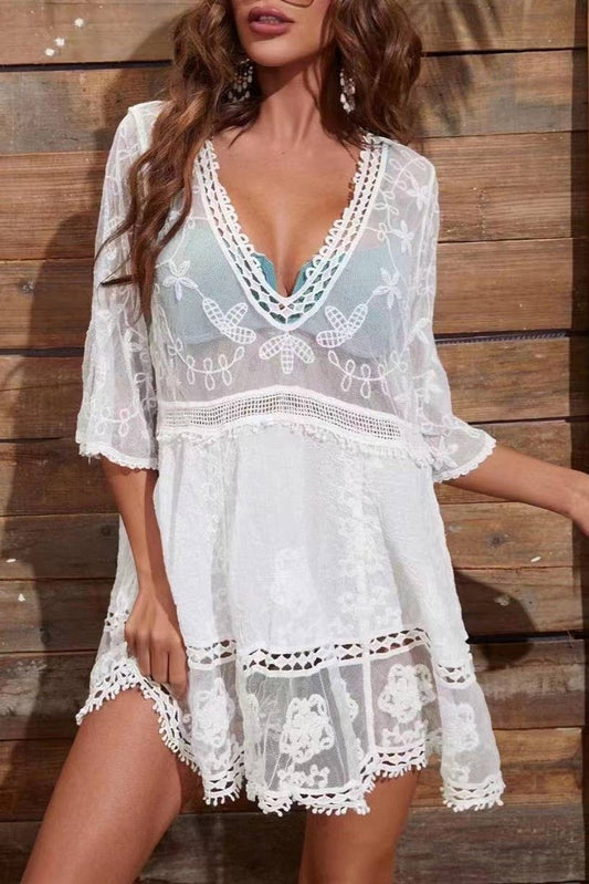 PLUNGE CROCHET LACE BEACH BIKINI COVER UP DRESS