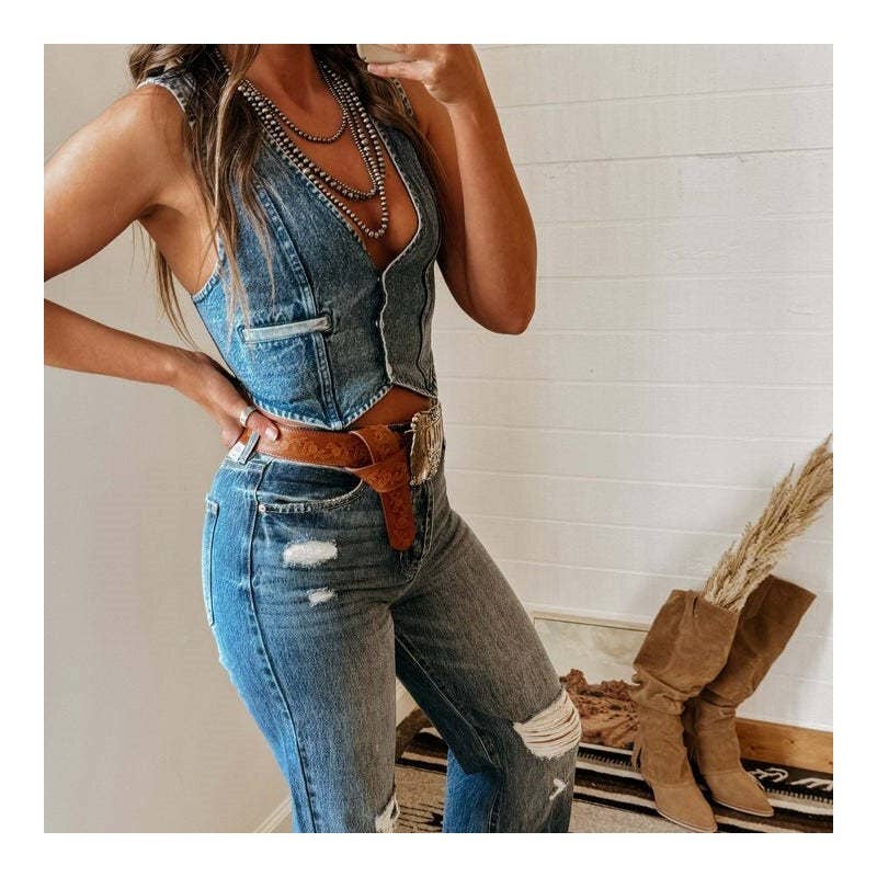 SLEEVELESS V-NECK DENIM VEST