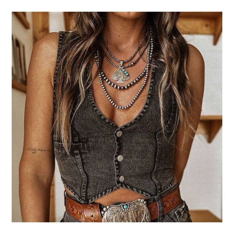 SLEEVELESS V-NECK DENIM VEST