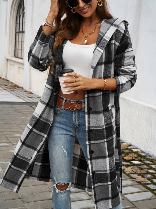 CASUAL LOOSE BREASTED HOODED PLAID COVER
