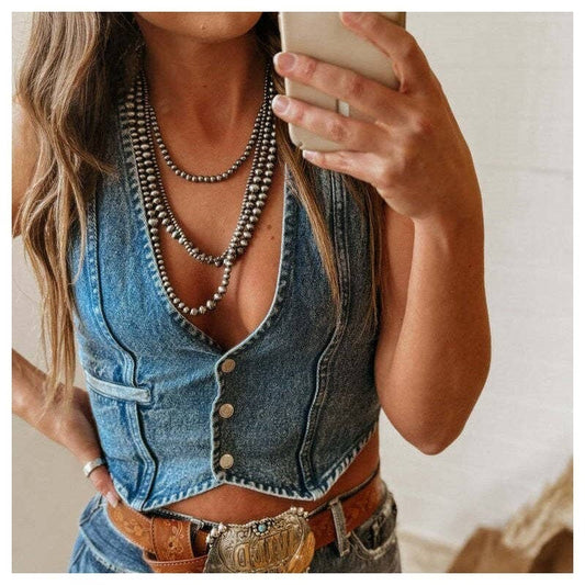 SLEEVELESS V-NECK DENIM VEST